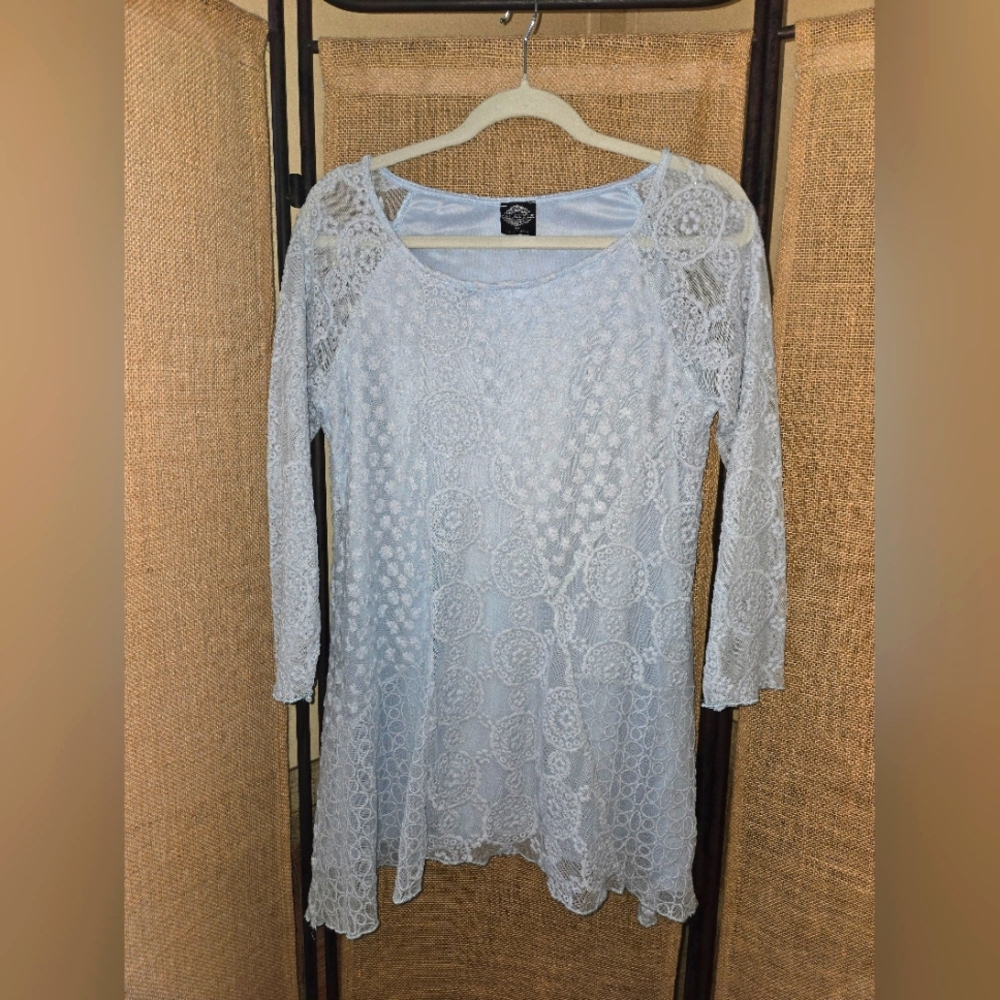 Women's Calstyle Sheer Embroidered Lined Elegant Lace Dress in Light Blue Medium - Picture 1 of 11